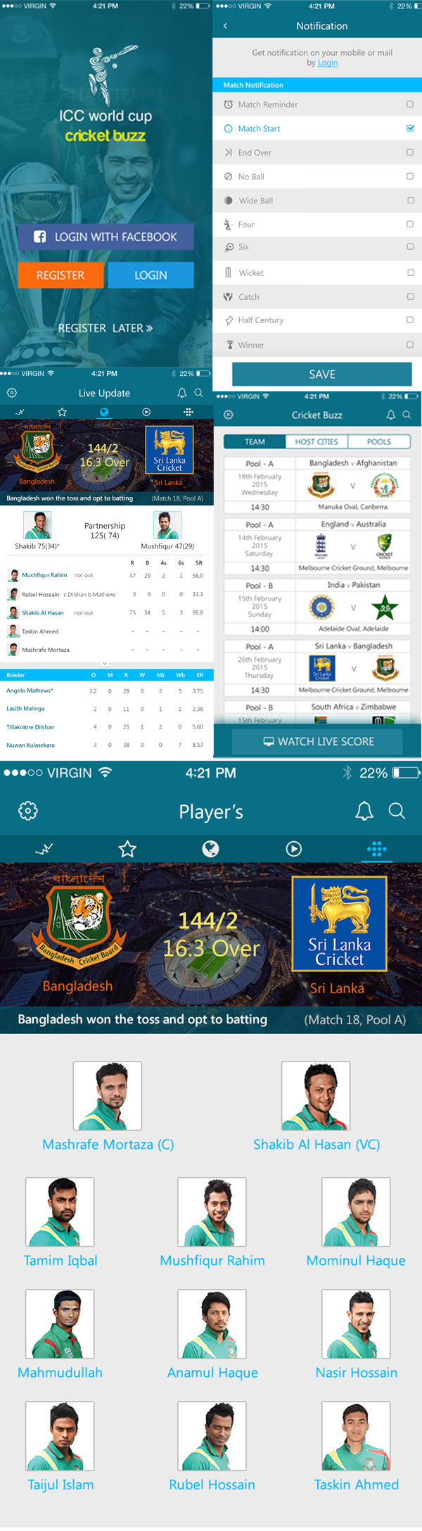 Cricket Live Update IOS APP UI PSD