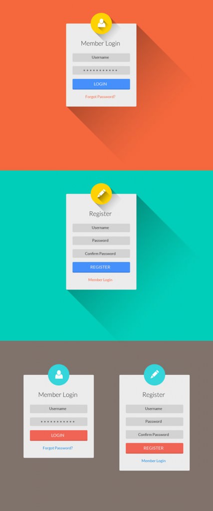 Flat Long Shadow Login & Register UI PSD