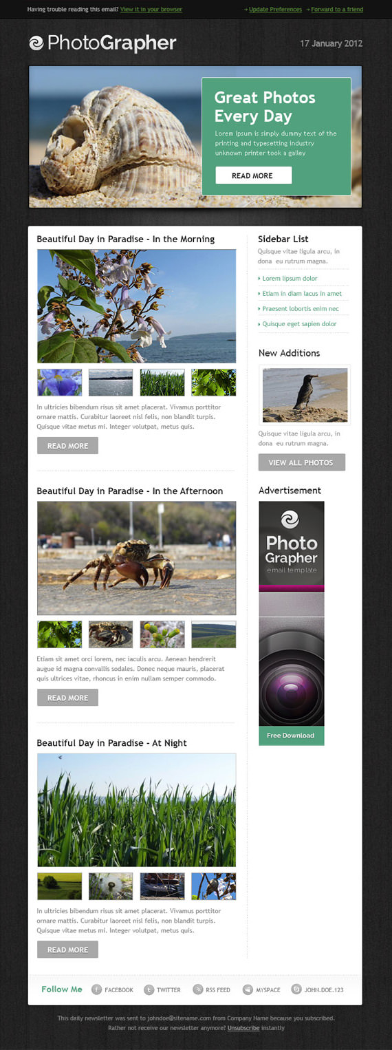 Photographer Email Newsletter Template – HTML and PSD