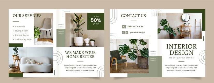 Flat interior design and home decor brochure template