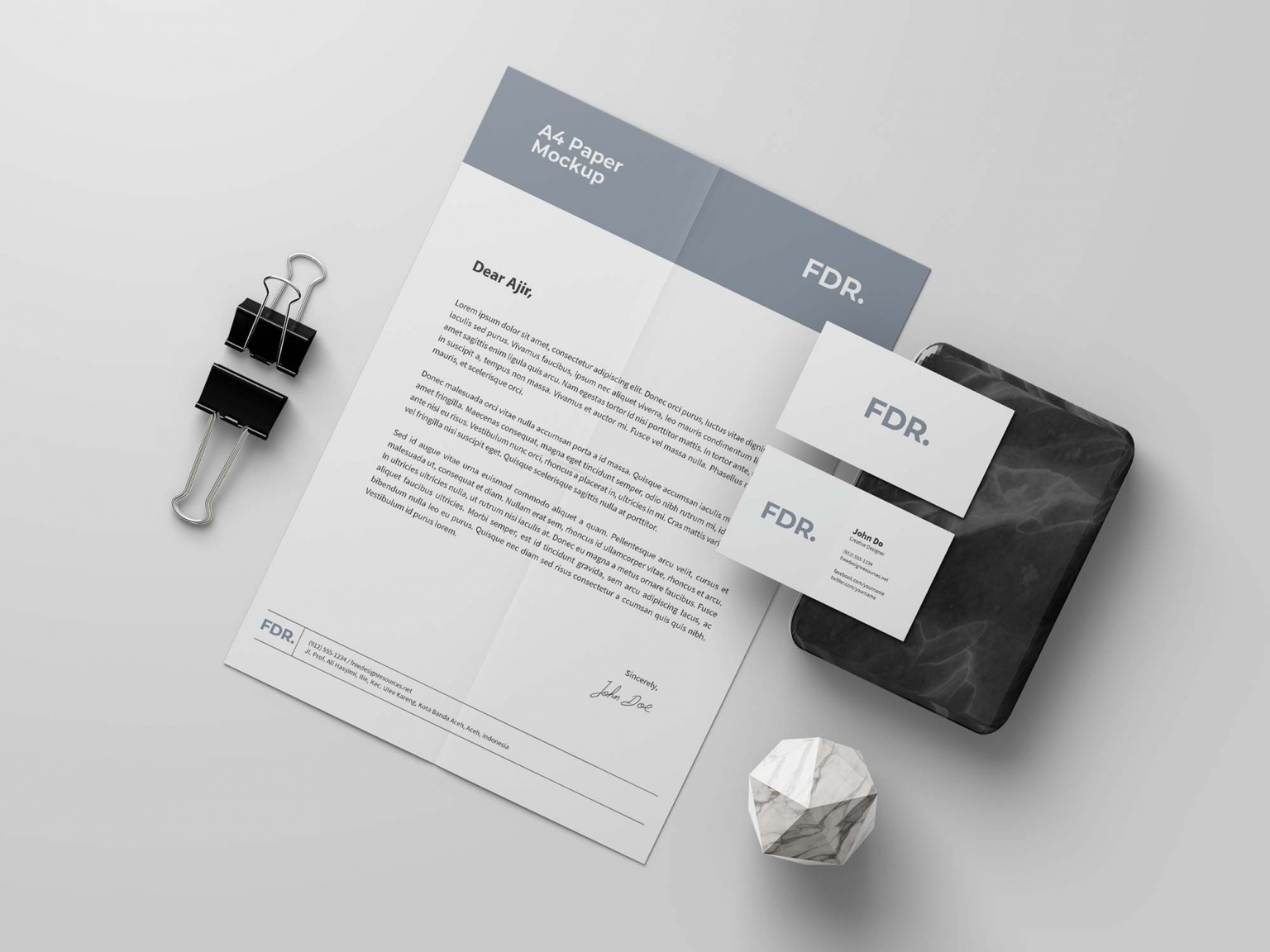 Free A4 Letterhead and Business Card Mockup (PSD)