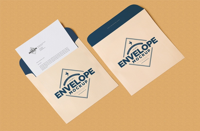 Free Unique Squared Shaped Envelope PSD Mockup & Letterhead Mockup