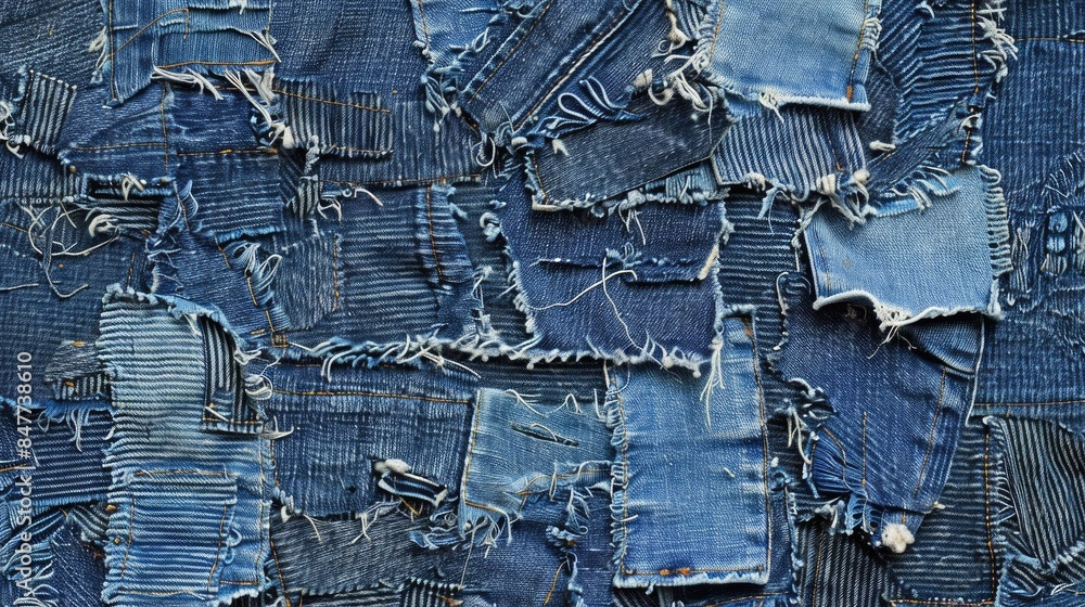 Background of Denim Blue Fabric Patches