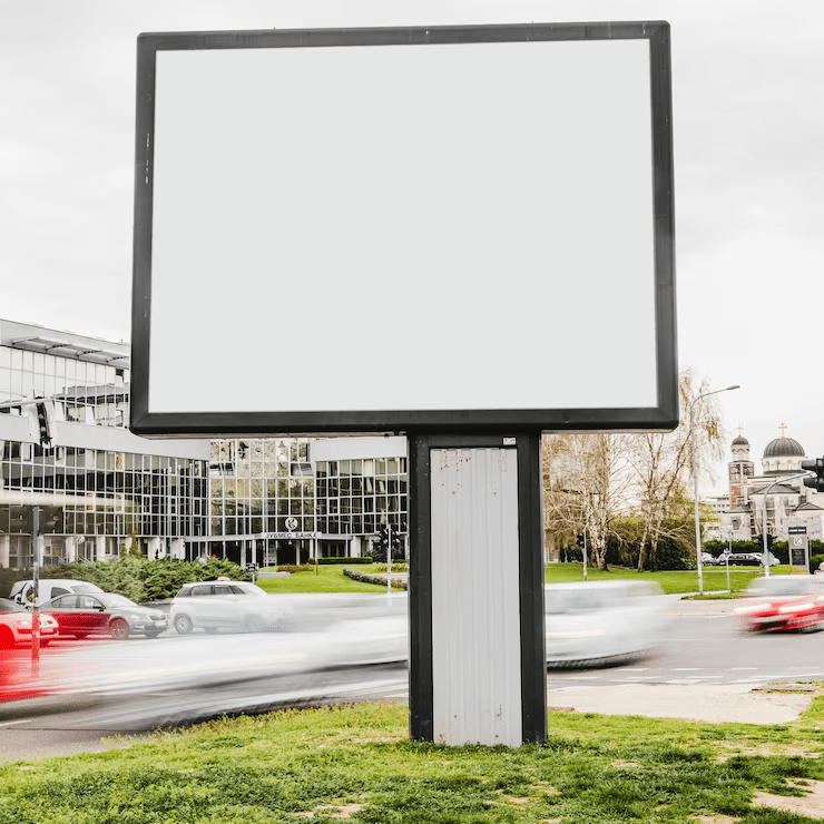 Large Blank Billboard on Road with City View Background