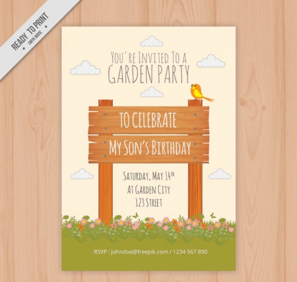 Wooden Signboard Garden Party Invitation