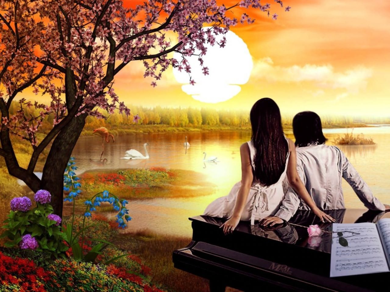 Couple at lake Artistic Wallpaper