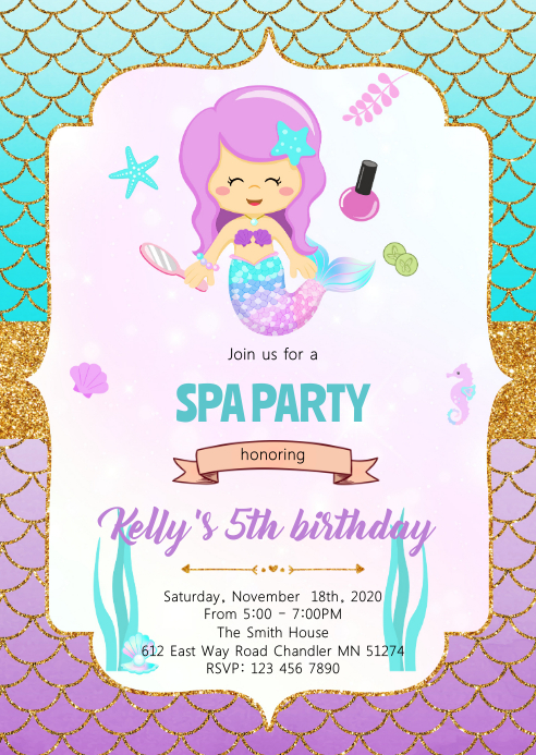 Cute mermaids spa theme invitation Template