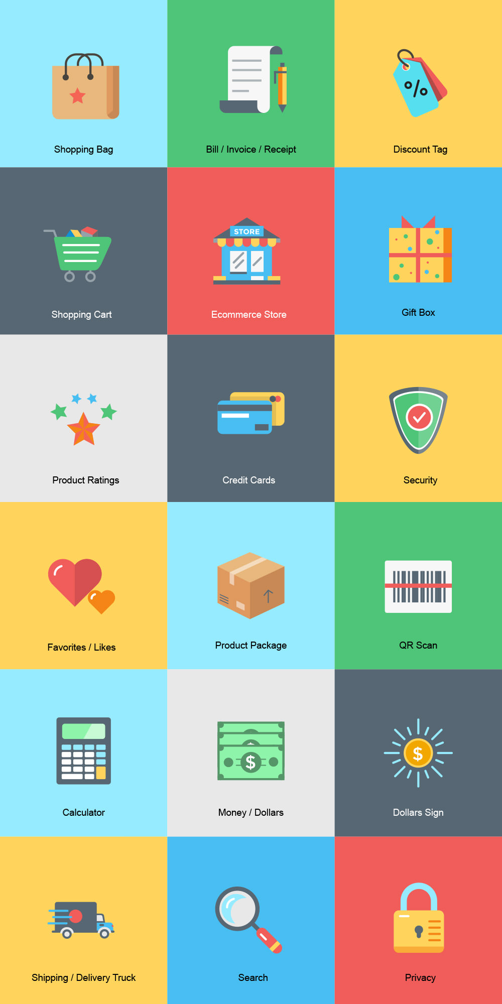 Download 18 Free Flat Colorful Ecommerce Icons Set