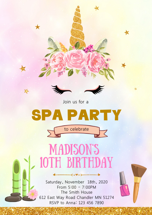 Unicorn Spa Birthday Party Invitation Template