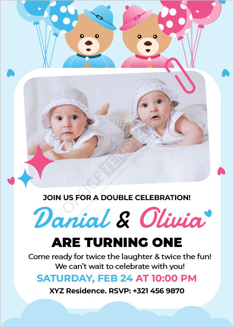 Twin Kids Birthday Invitation Card