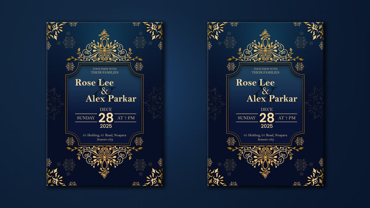 Wedding Invitation Card With Gold Floral Background Template 