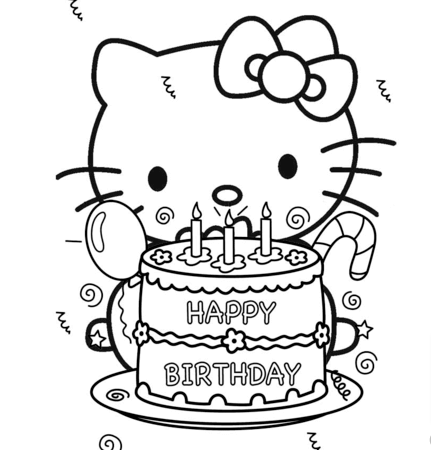 Happy Birthday Hello Kitty Coloring Page