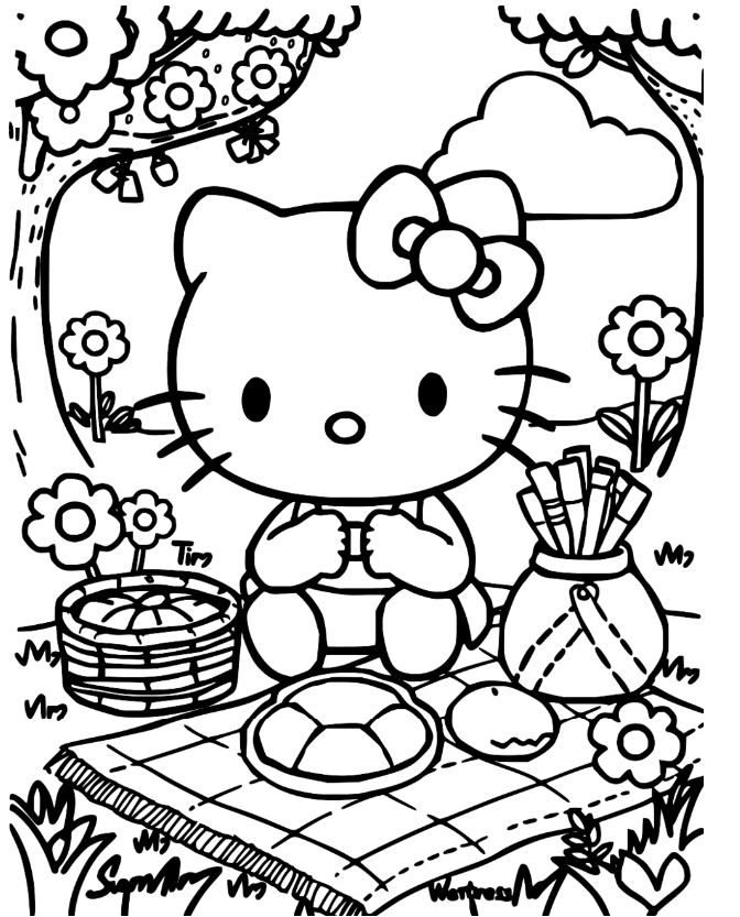 Hello Kitty Enjoying Picnic Coloring Page