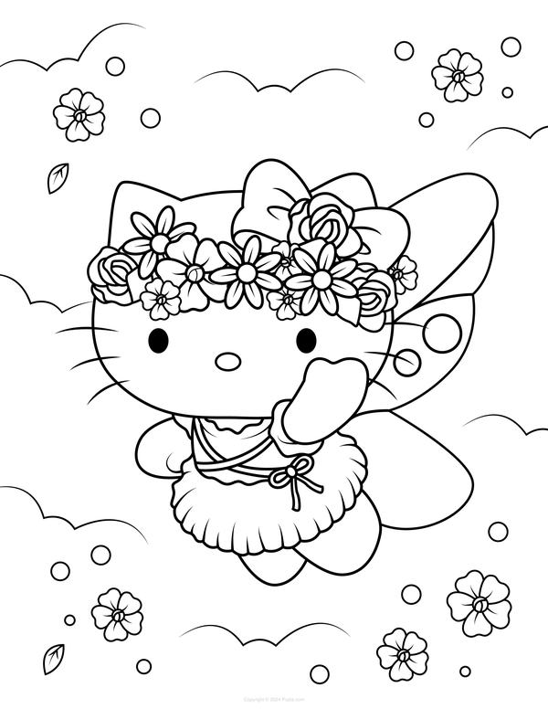 Princess Hello Kitty In Flower Field Coloring Page