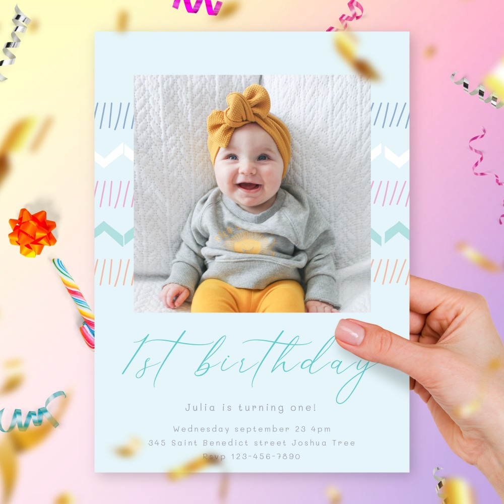 Blue Ethnic Ornaments Girl First Birthday Invitation