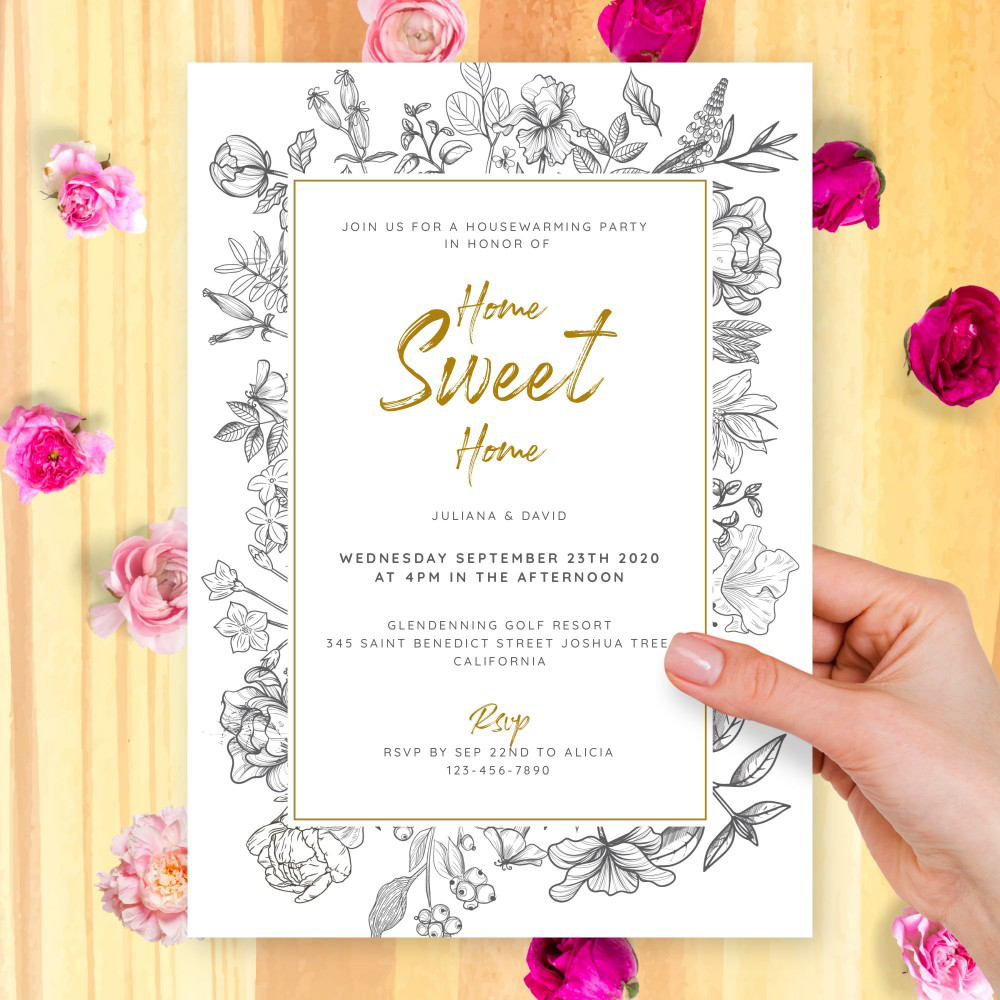 Lined Floral Housewarming Invitation