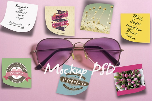 Mockup-pink sunglasses and notes