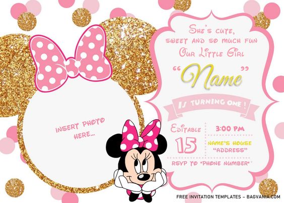 Pink And Gold Minnie Mouse Birthday Invitation