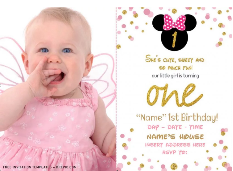 Printable Minnie Mouse Pink Gold Glitter Birthday Invitation