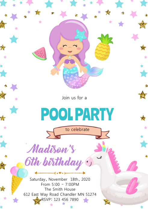 Unicorn mermaid pool party invitation