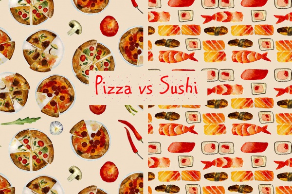 Delicious Italian Pizza and Sushi Pattern