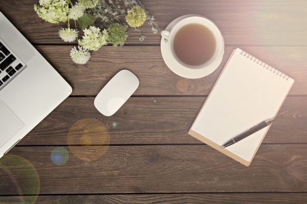 Flat Lay Wooden Desk Mockup