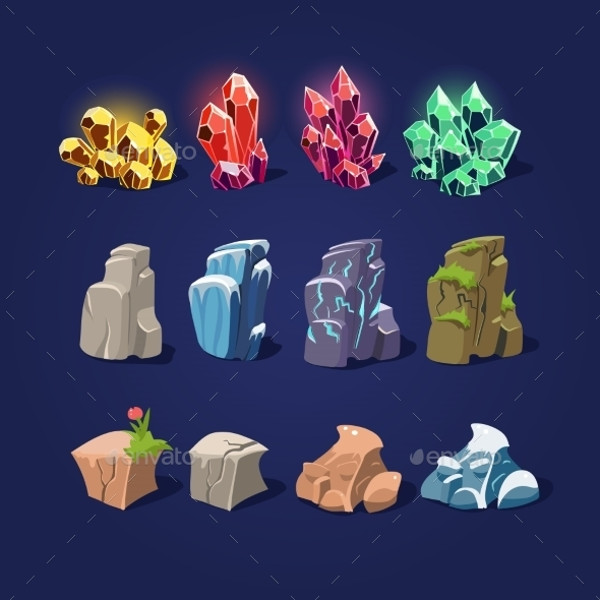 Set Of Cartoon Vector Stones And Minerals