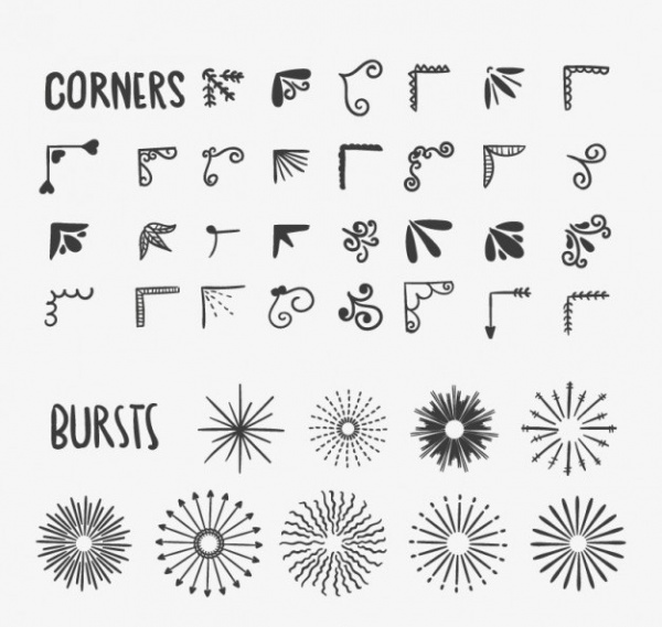 Drawn Corners and Bursts Free Vector