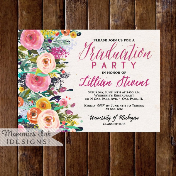 Watercolor Flowers Graduation Invitation