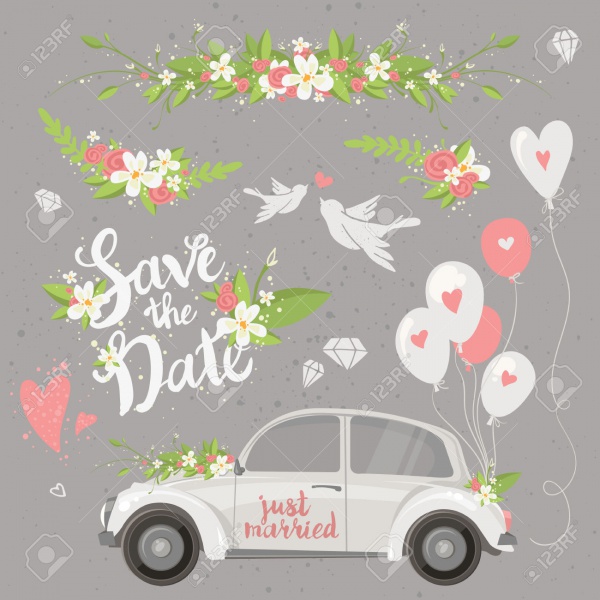 Beautiful wedding clipart set with retro car