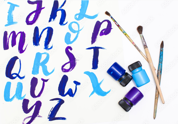 Calligraphy lettering alphabet drawn with dry brush