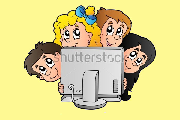 Cartoon Kids With Computer Illustration