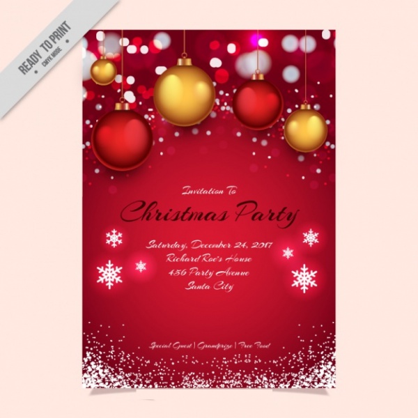 Christmas Party Invitation with Balls & Snowflakes