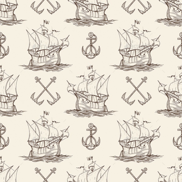 Sailship and Anchor Seamless Pattern