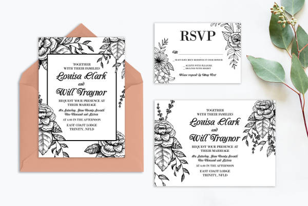 Black and White Floral Wedding Invitation
