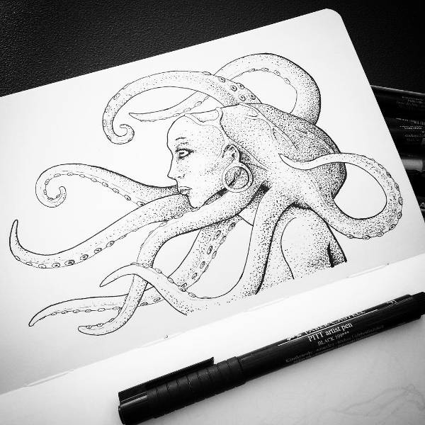 Black and White Octopus Drawing