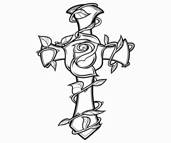 Cross with Roses Coloring Page