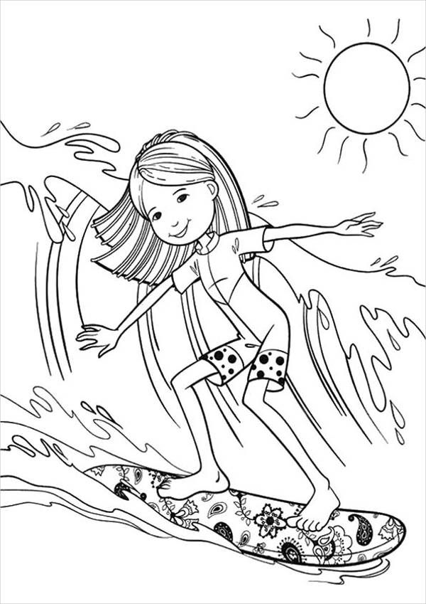Summer Cartoon Surfing Coloring Page