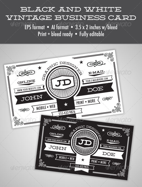 Fully Editable Black and White Vintage Business Card Design 