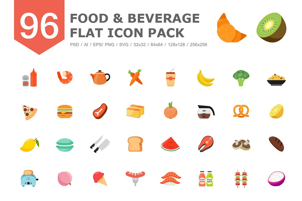 96 Food & Beverage Color Flat Icons | PSD, AI, EPS, PNG, SVG